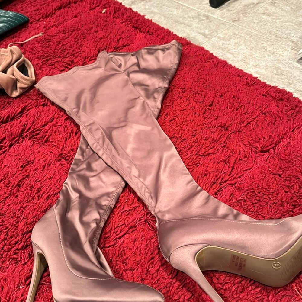 Mauvish satin fabric thigh boots